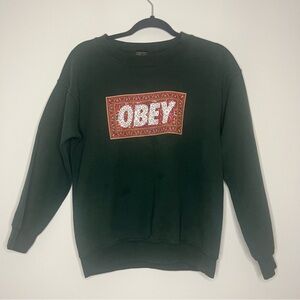 OBEY Stained Glass Green Floral Streetwear Festive Crewneck Warm Cozy Sweatshirt